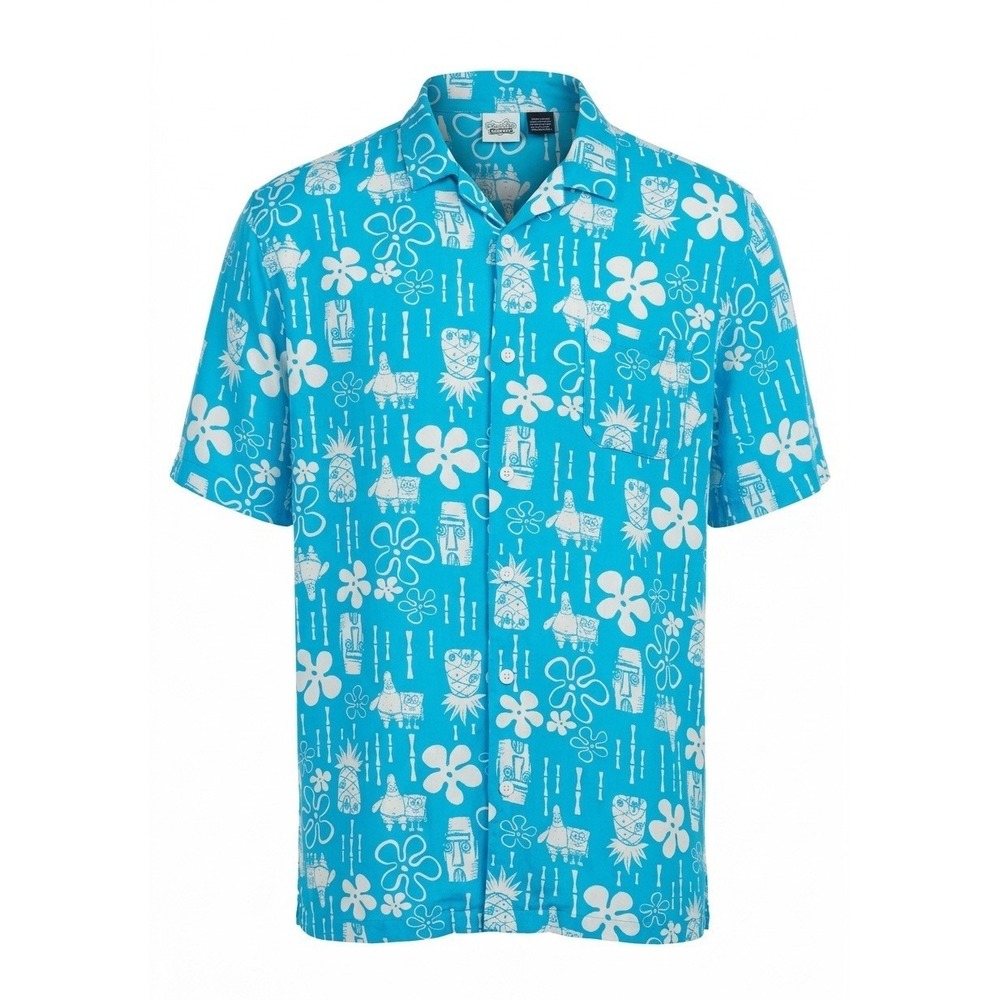 SpongeBob SquarePants Men's XL Turquoise Blue Hawaiian Shirt Button Down
